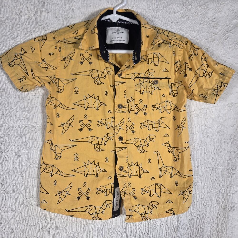 Craft & Flow Boys Dinosaur Button‎ Up Shirt Size 4-5 Mustard Short Sleeve